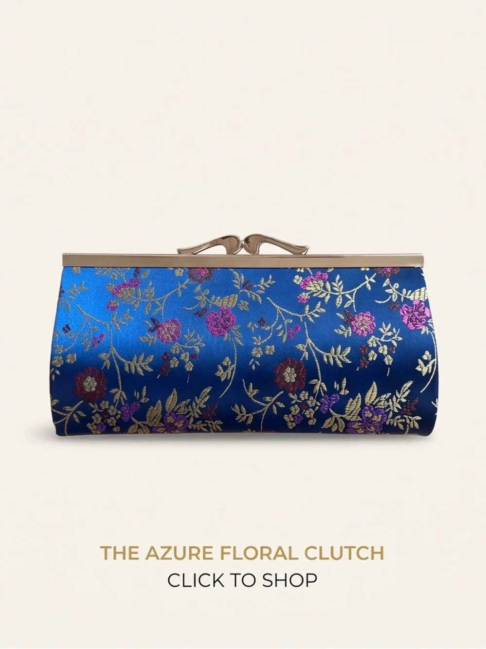 Azure Floral Satin Evening Clutch with Gold Frame